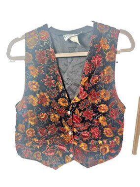 Bonkers Velvet Vest Floral Colorful Black Flowers M  Retro Whimsical    N